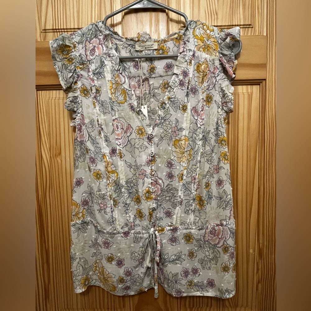 Lovestitch, Women's M, Sleeveless, Pastel Floral Button-up, Ruffle Trim Blouse